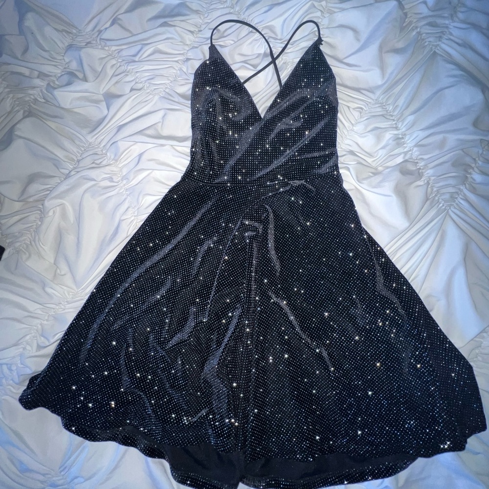 Black velvet mini dress with silver sparkles, Trac brand size Small